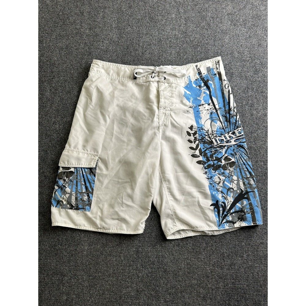 Mens Inked Graphic Board Shorts Swim Trunks White Blue, Size L
